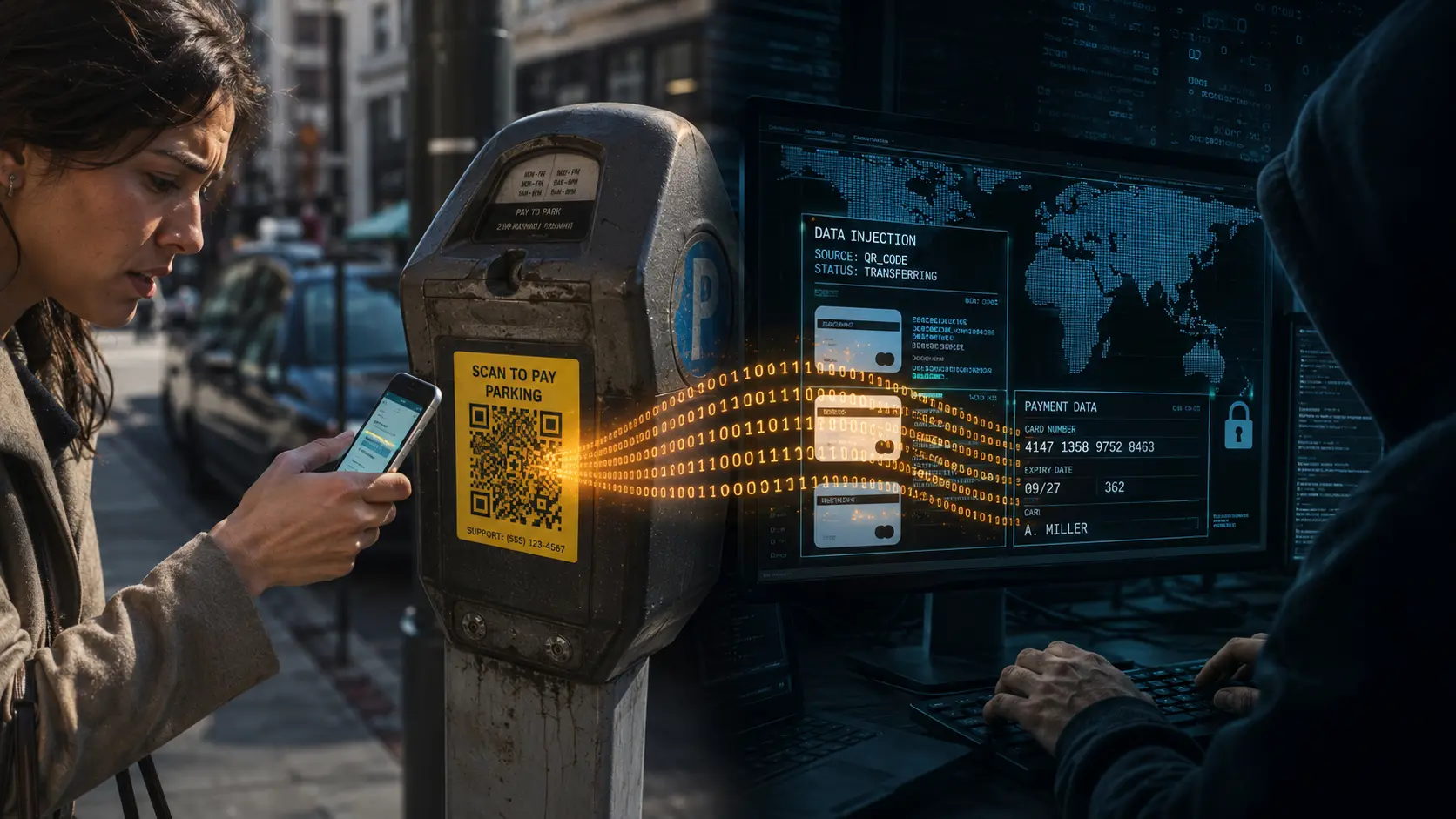 A person scanning a QR code sticker on a parking meter, with a URL preview visible on their phone screen.