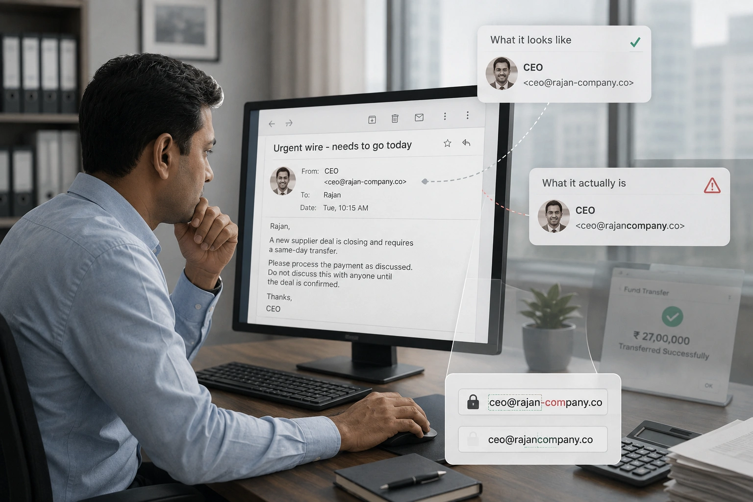 A calm illustration of a person at a desk looking at a message on their screen, with faint overlapping layers suggesting the message is not what it appears.