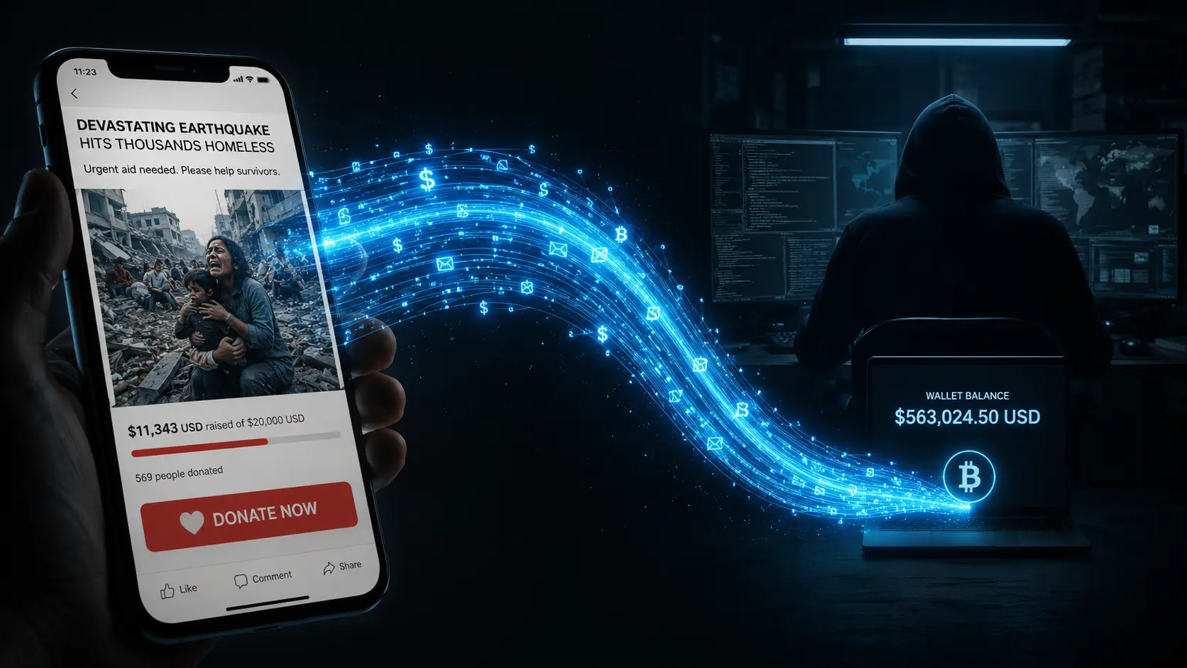 A split-screen image showing a glowing social media post of a disaster on a phone screen, with digital money transferring out of the phone and into an anonymous, shadowy hacker's digital wallet.