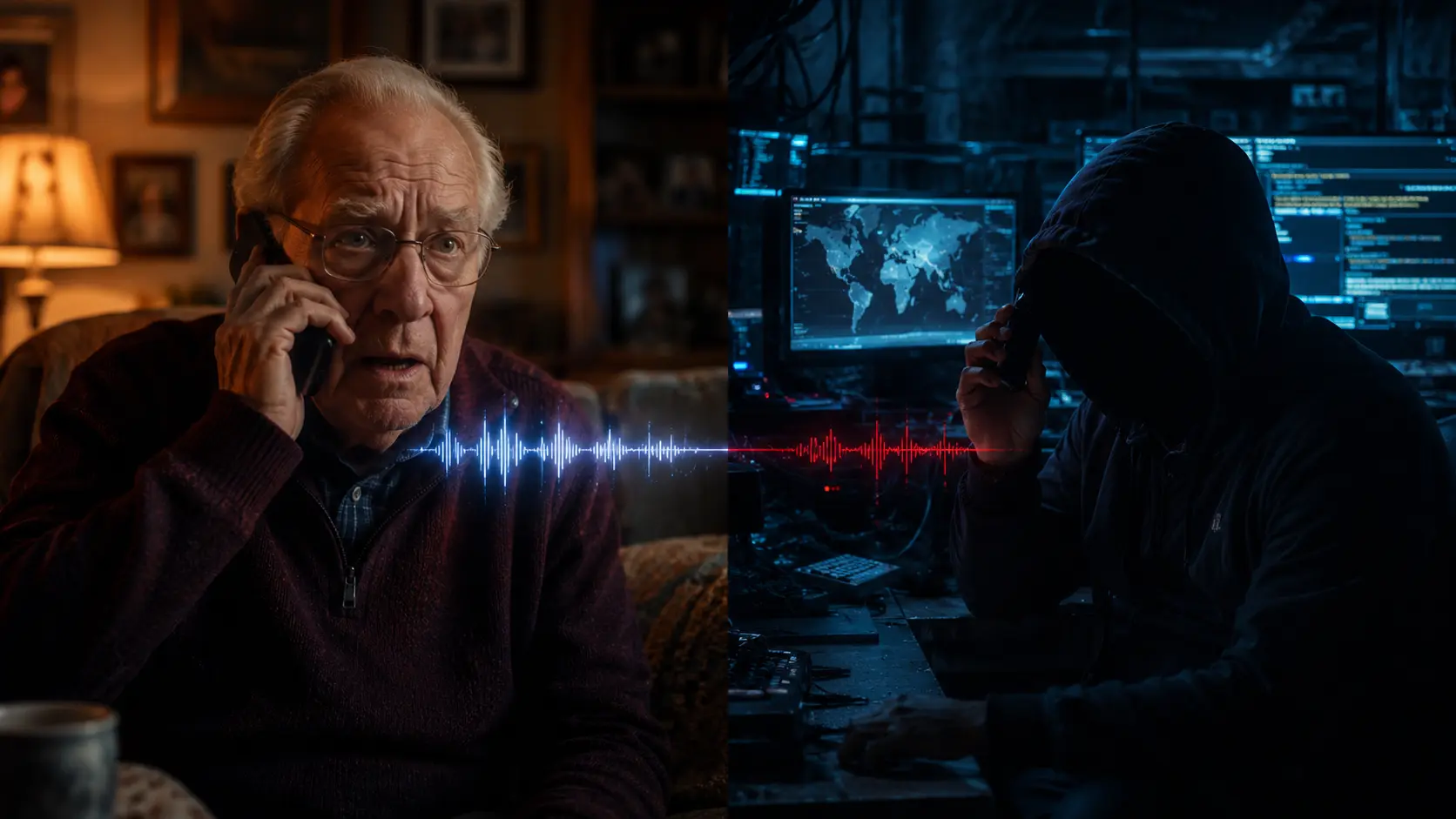 A split image showing a worried older man on a phone on one side, and a shadowy figure in a dark room holding a script and a burner phone on the other.