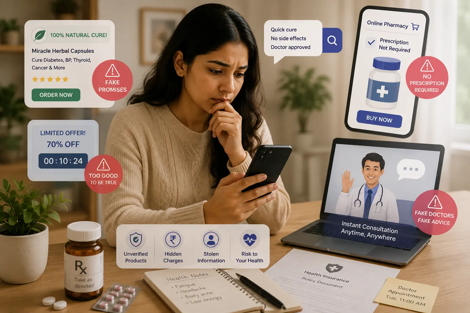 A patient talking on the phone while a healthcare fraud message appears on a screen behind them.