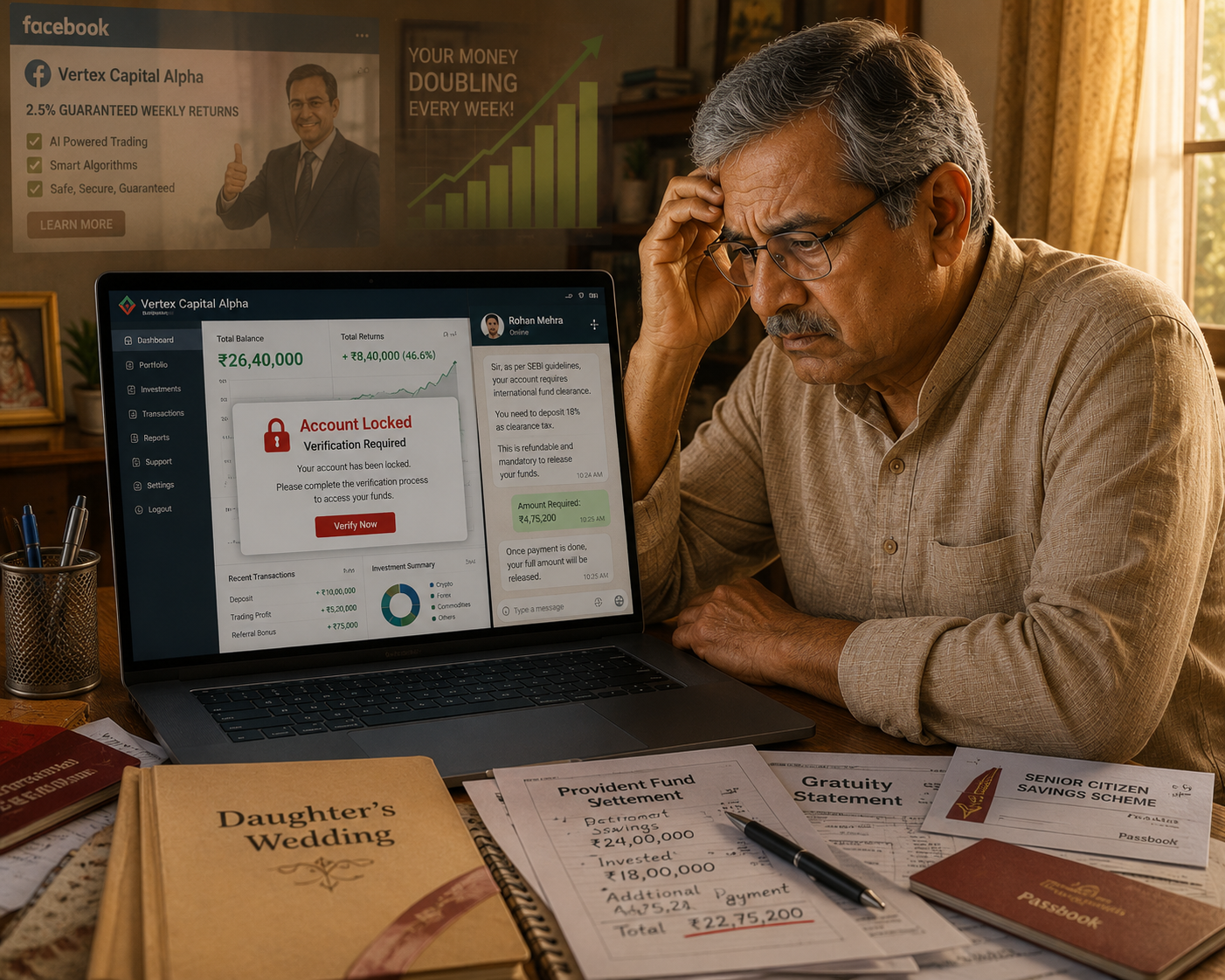An elderly man looking at a tablet showing highly inflated, fake profit charts on a fabricated trading platform dashboard, unaware that his real money has already been laundered.