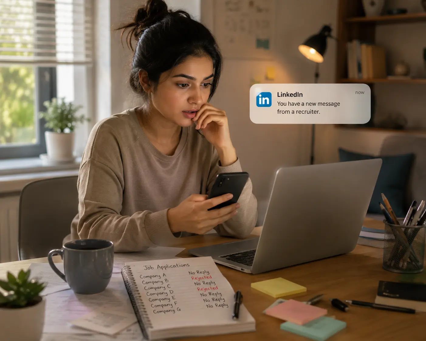 A woman sitting at a desk receiving a video interview call with a recruiter, but the video shows AI-generated faces and fabricated credentials on screen.