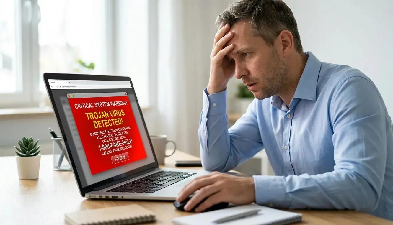 A person looking worried at a laptop screen displaying a bright red fake virus warning pop-up.