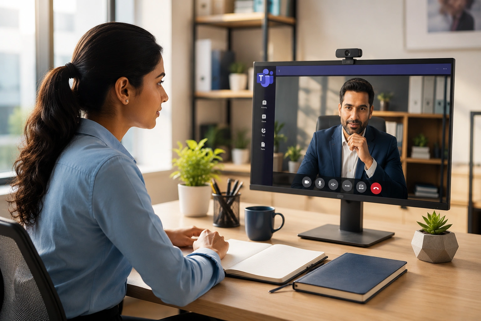 A professional looking in panic at their screen, with a towering shadow representing authority behind them.