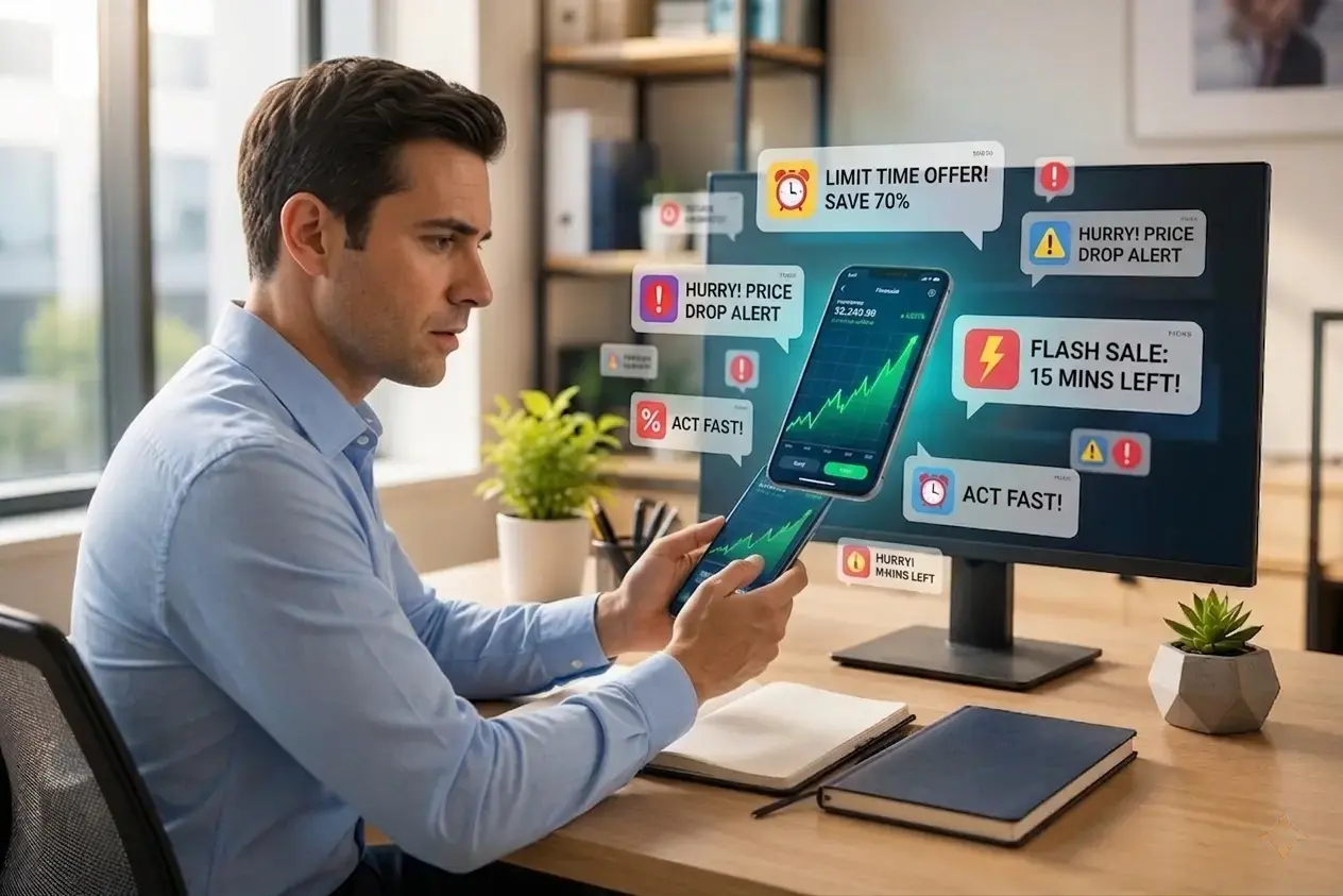 A person looking at a phone screen showing an upward trending financial chart, surrounded by limited time offer notifications.