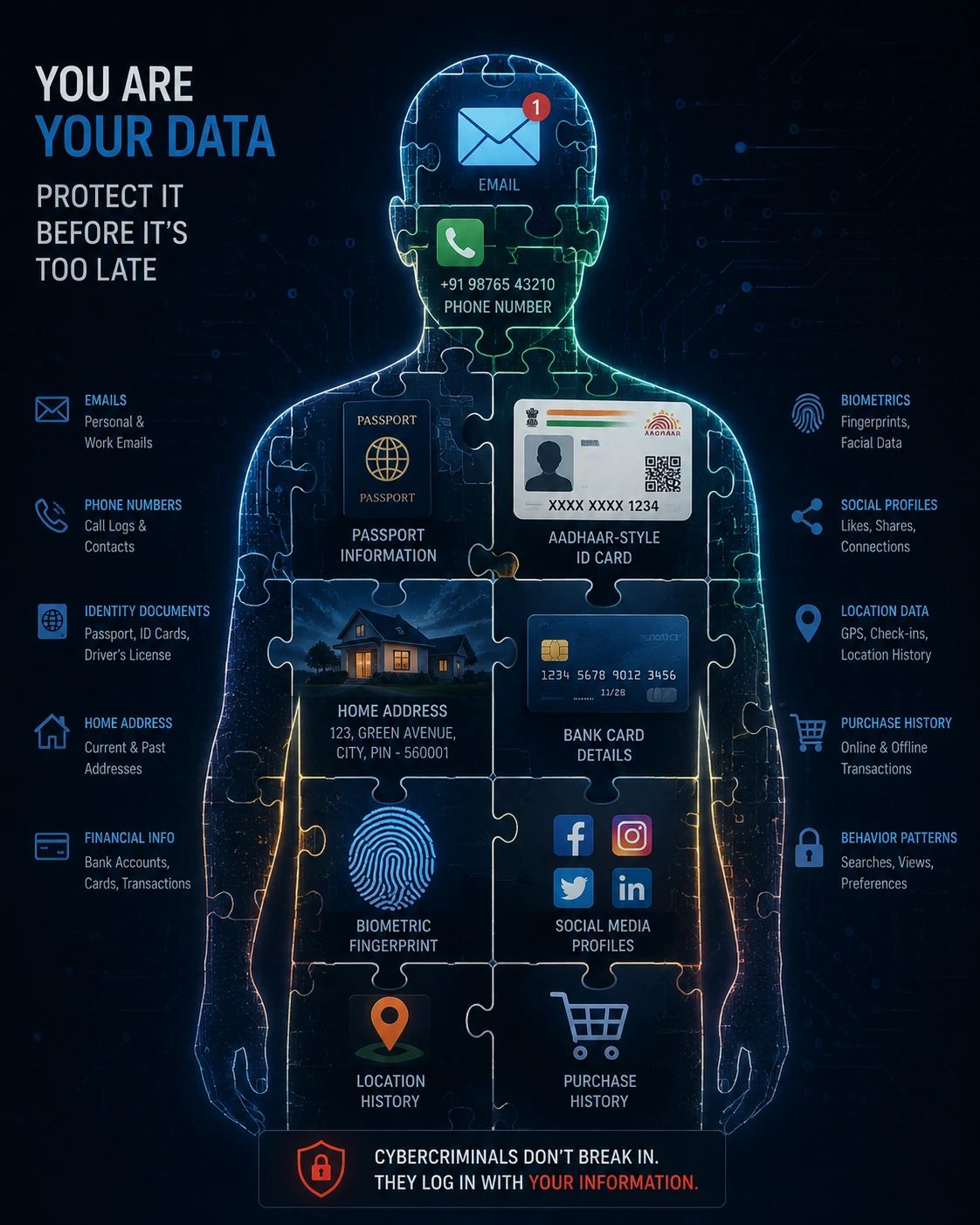 A person looking calmly at their phone, with soft overlapping identity fragments around them representing personal data points.
