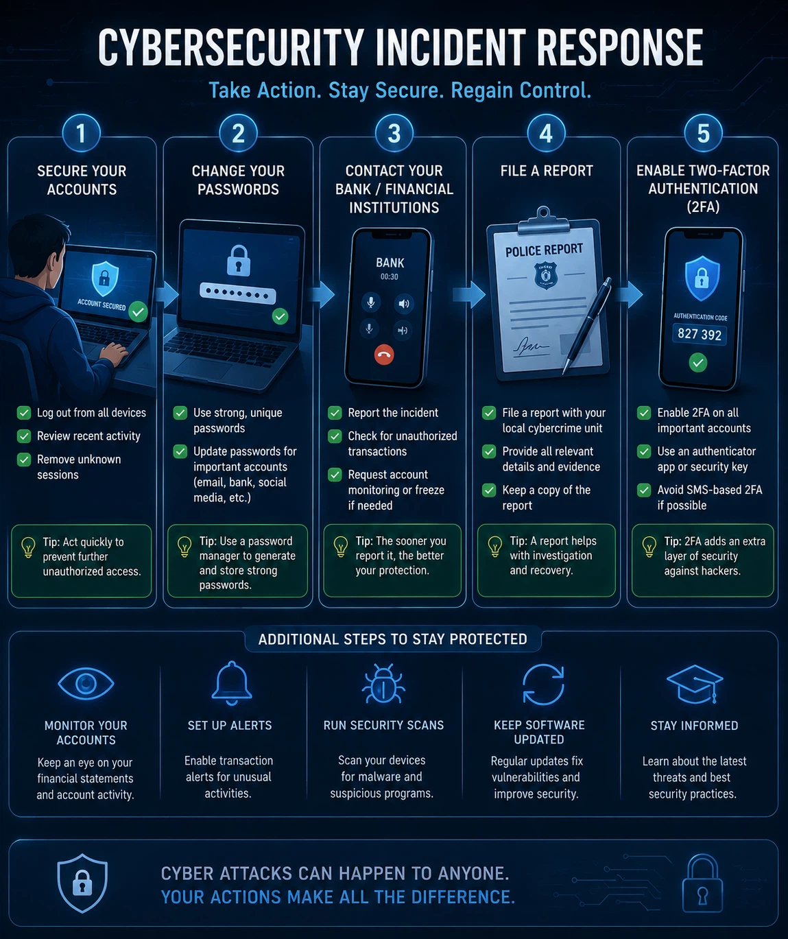 A step-by-step recovery roadmap showing actions to take after identity theft, from reporting to restoration.