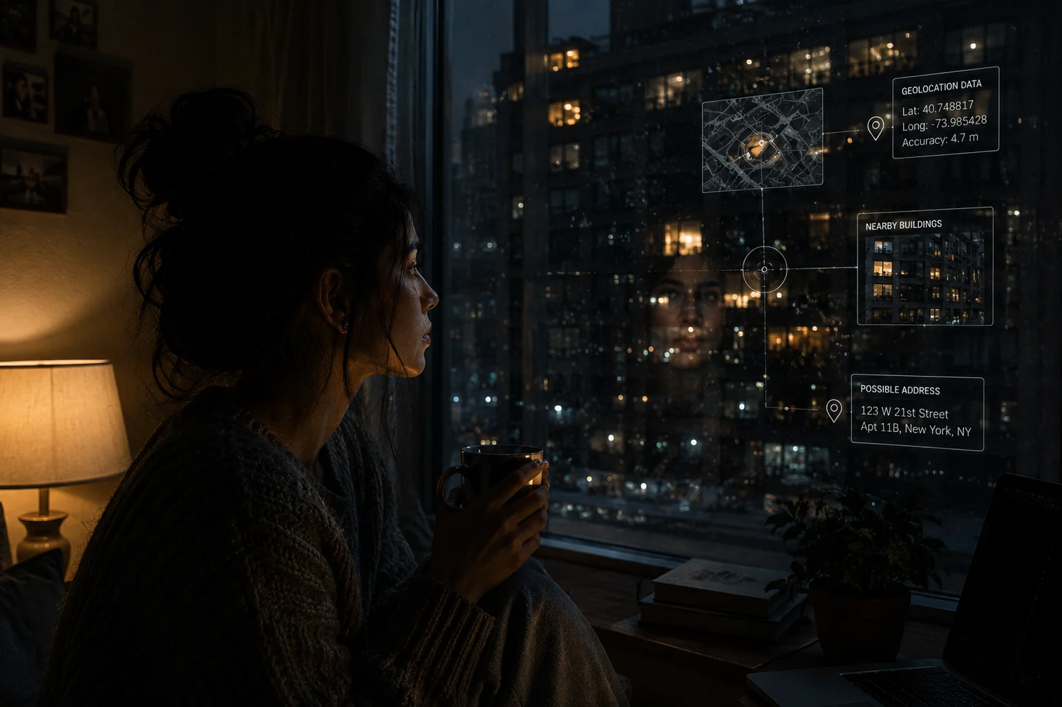 A woman's reflection in apartment window glass with satellite maps and location pins visible in the background, showing how location data can be extracted from simple photos.