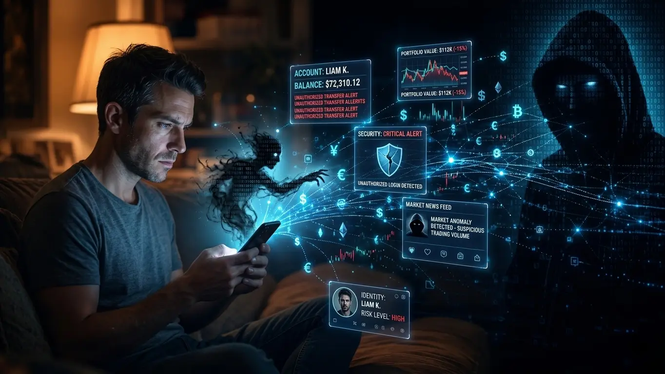 A person sitting at a desk looking thoughtfully at a phone, with soft financial symbols and app icons floating around them.