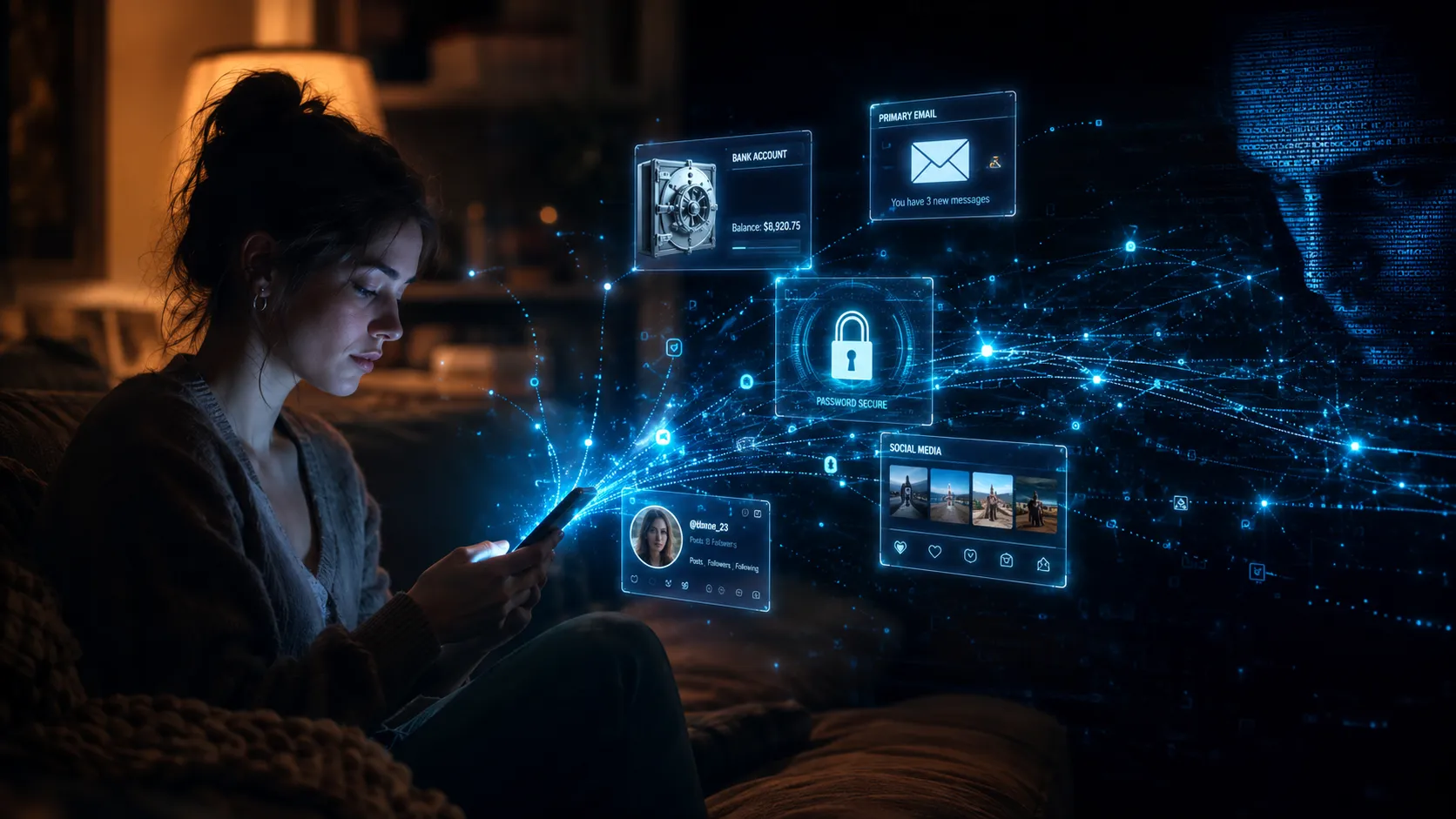 A woman looking at her phone with glowing digital nodes and panels emerging from it, representing her interconnected digital accounts being targeted by a digital silhouette.
